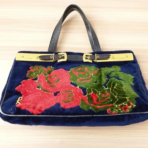 1970s VINTAGE Roberta Di Camerino Bag Flower Navy Devore Gold Belt Bagonghi RARE